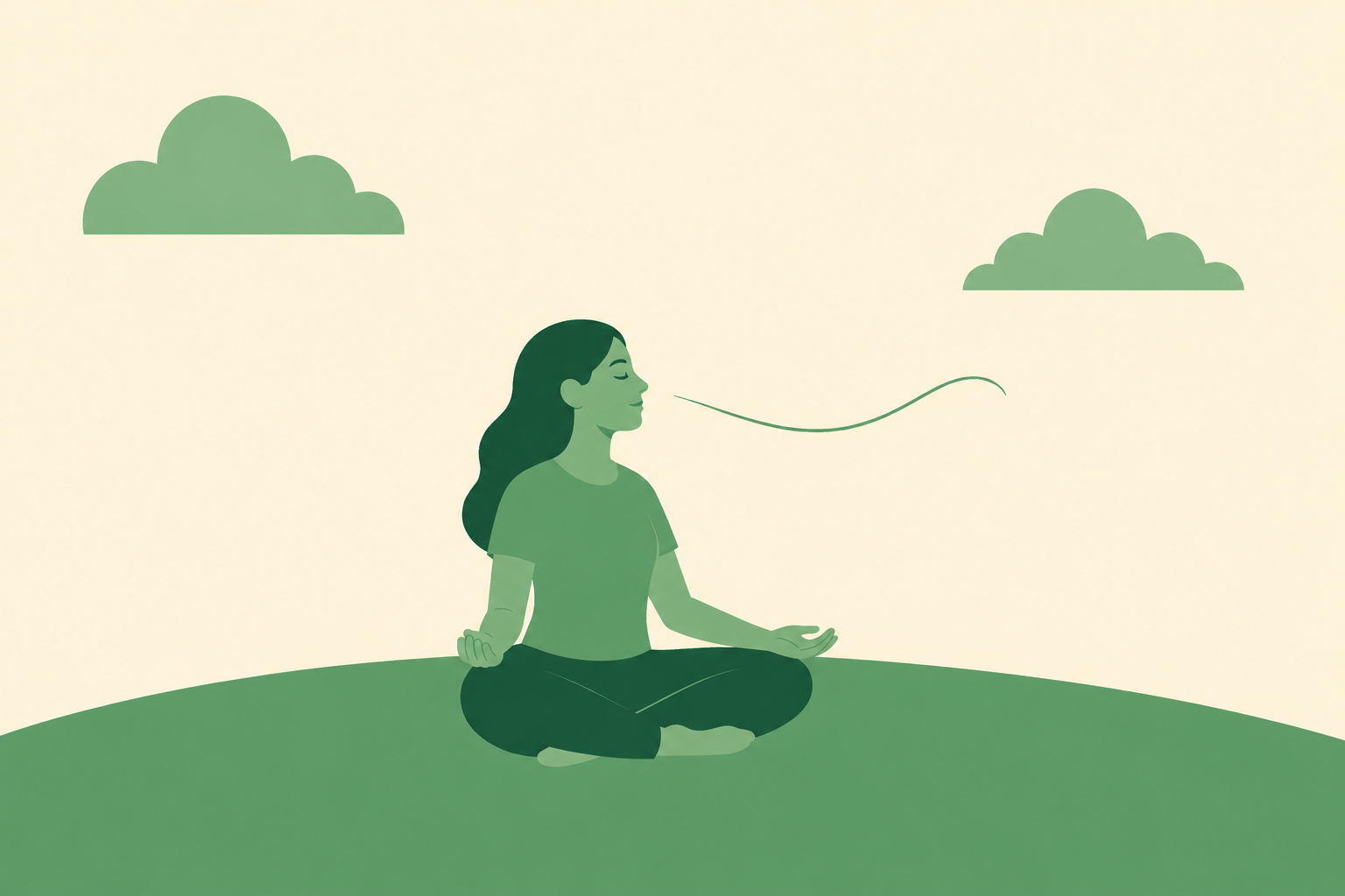 Woman meditating peacefully on a green hill