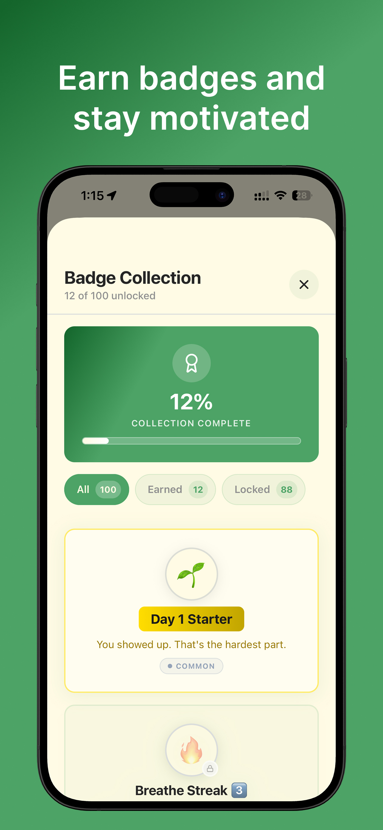 Badge collection with earned and locked achievements